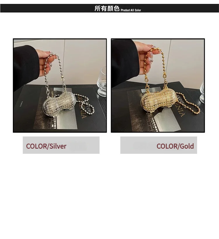 Luxury Diamond Inlay Peanut Shape Crystal Clutch Purse Stones Evening Wedding Party Shoulder Bag Handle Rhinestone Mini Handbags