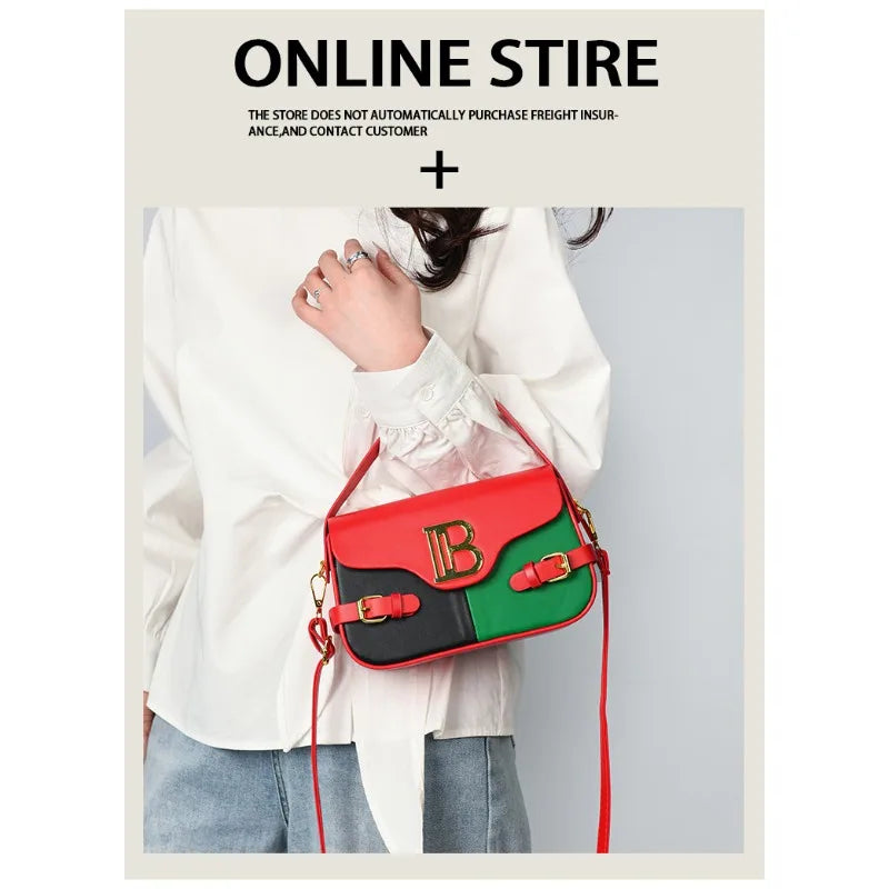 Luxury women's crossbody bag with color-blocking and stitching, box-style multi-color textured light luxury commuter bag.