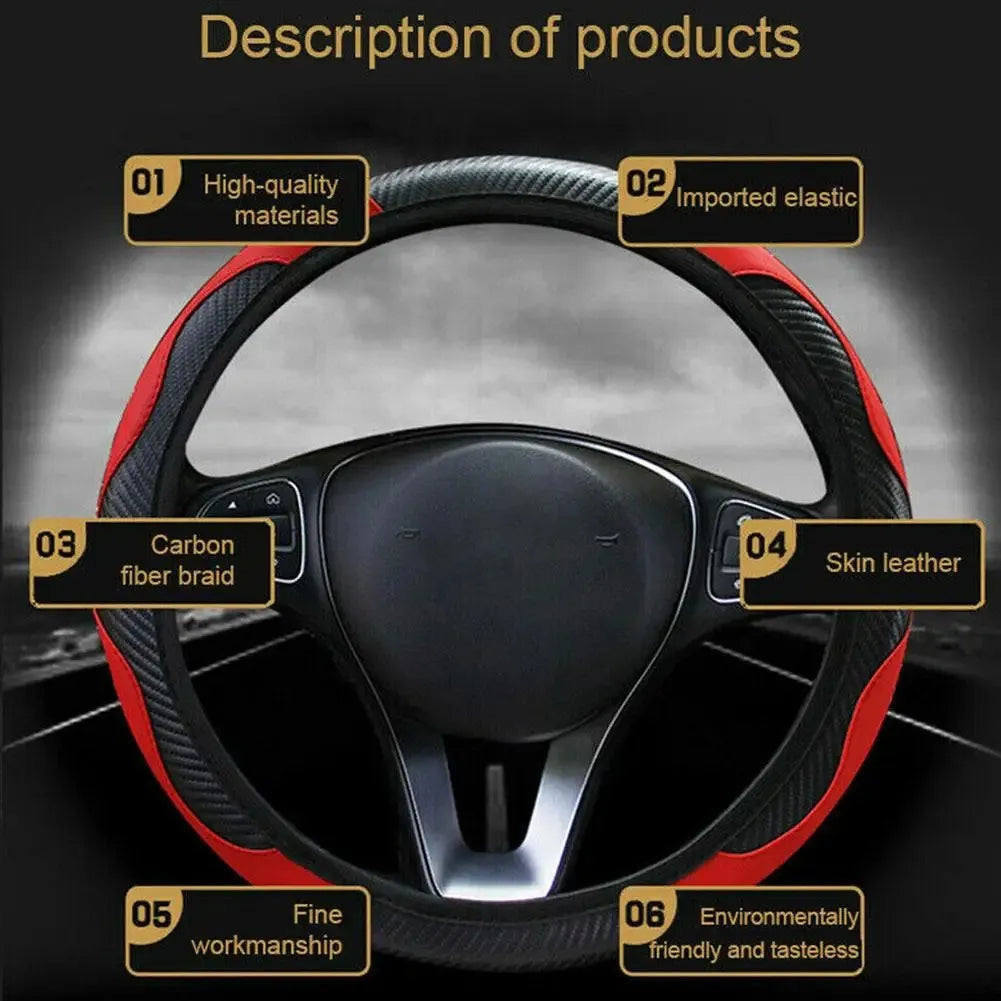 Car Steering Wheel Cover Breathable Anti Slip PU Leather Steering Covers Suitable 37-38.5cm Auto Decoration Carbon Fiber