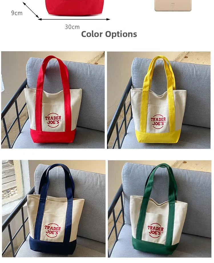 Tr Joe's Large Capaci op Bag Canvas Bag Embroidered Casual Handheld Single oulder Bag Contrast Color Trend Summer