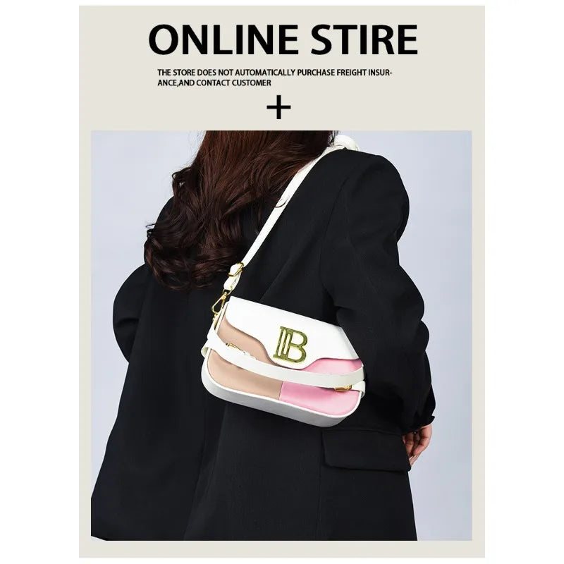 Luxury women's crossbody bag with color-blocking and stitching, box-style multi-color textured light luxury commuter bag.