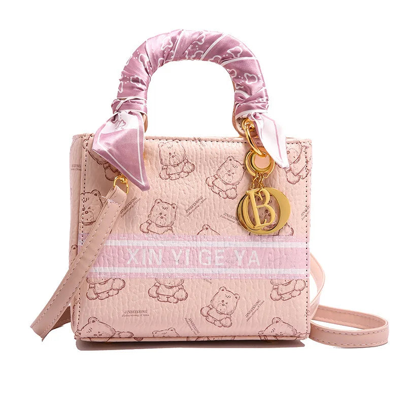 Luxury Bear Print Tote Bag for Women 2025, French Inspired Bucket Shoulder Purse, High Quality PU Leather Crossbody Bag