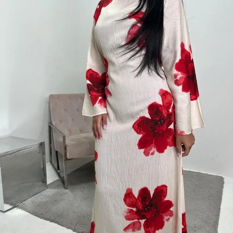 Elegant Floral Print Abaya Dress for Muslim Women Modest Full-Length Ankle-Grazing Maxi Robe 2025 Summer Islamic Turkey Outfit