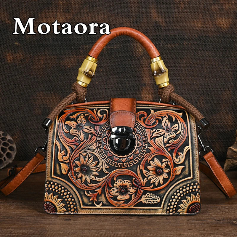 Motaora New Embossed Shoulder Bag For Women's 2025 Vintage Handmade Handbag Female PU Leather Big Capacity Crossbody Bags Purse