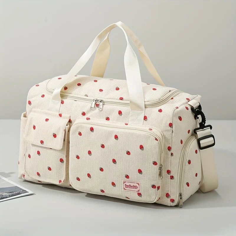 Large Capacity Strawberry Print Duffel Bag with Multiple Compartments - Ideal for Travel, Gym, and Everyday Use, Casual Style