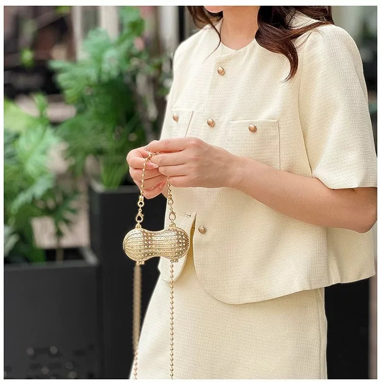 Luxury Diamond Inlay Peanut Shape Crystal Clutch Purse Stones Evening Wedding Party Shoulder Bag Handle Rhinestone Mini Handbags
