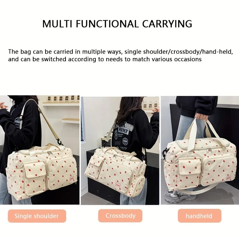 Large Capacity Strawberry Print Duffel Bag with Multiple Compartments - Ideal for Travel, Gym, and Everyday Use, Casual Style