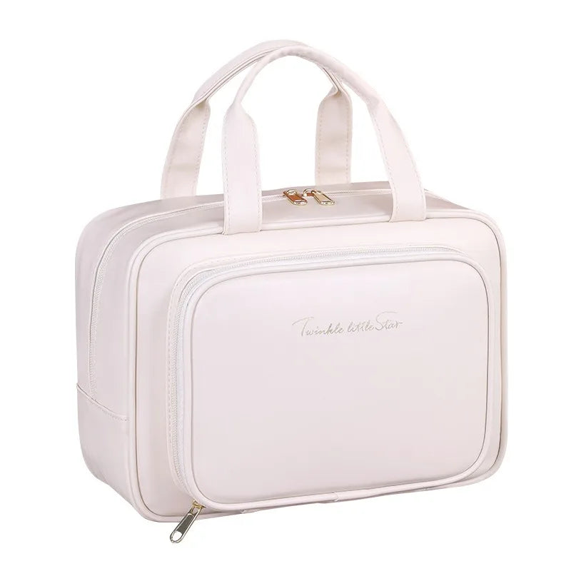 Large Capacity Makeup Bag for Women – Portable Cosmetic Organizer with Brush Holder & Carry Handle, Travel-Friendly Makeup Case