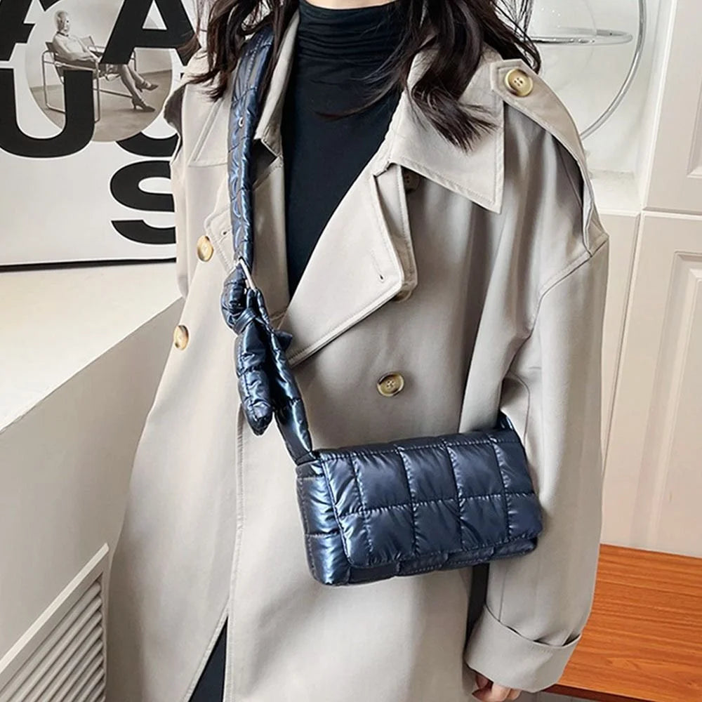 Fashion Quilted Tote Bag Winter Lightweight Warm Down Cotton Padded Plaid Shoulder Bags Women Underarm Bags Puffy Handbags