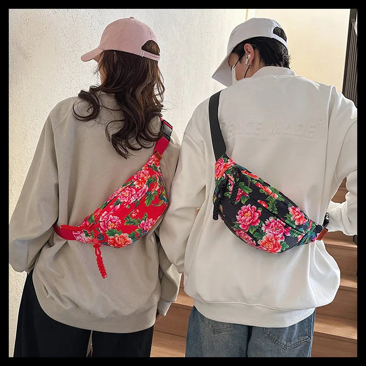 Women Fanny Bag Pack Large Flower Nylon Belt Bags Fashion Waist Pack Zipper Bag Adjustable Lightweight Multifunction Waterproof