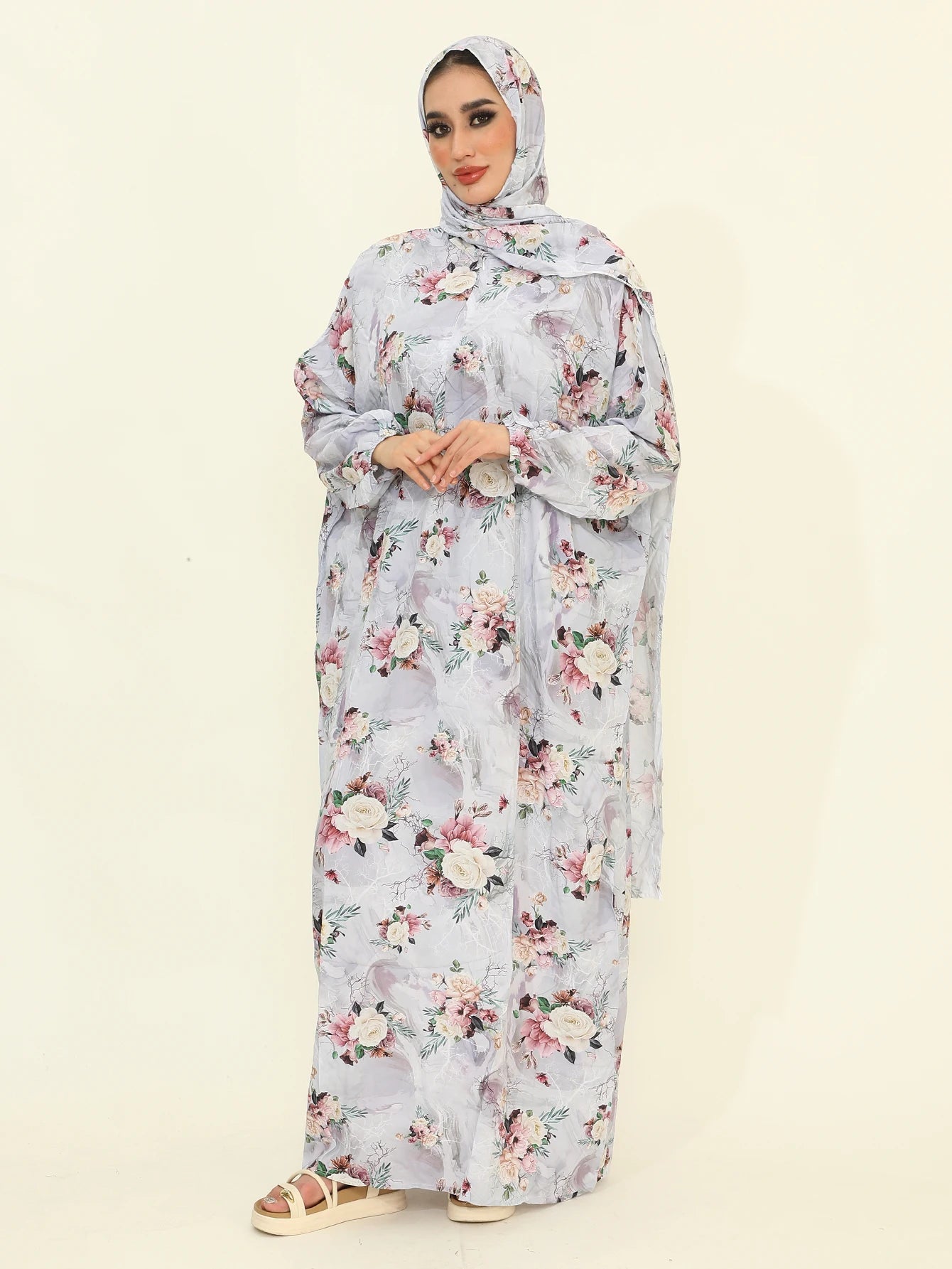 Autumn New Muslim Fashion Abaya Dresses with Hijab One Piece Prayer Dresses Flower Printed Pretty Dubai Abayas