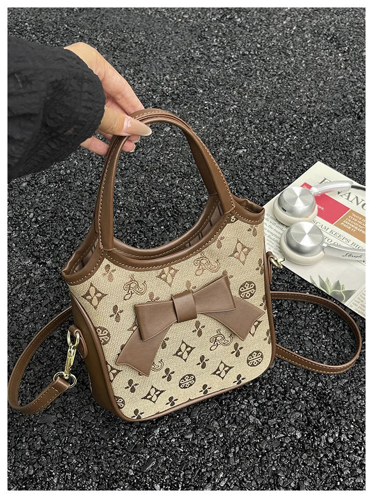 PU Hand-held Bow Bucket Bag Trendy Fashion Shoulder Bag Simple Versatile Women's Bag Commuter