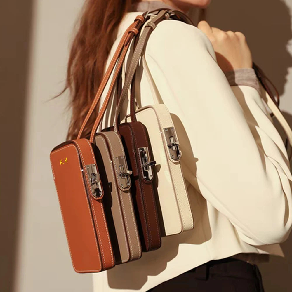 Luxury Design Phone Bag Woman Portable Genuine Leather Cross-body Bag Custom Name Fashion Casual Lady Shoulder Bag Card Wallet