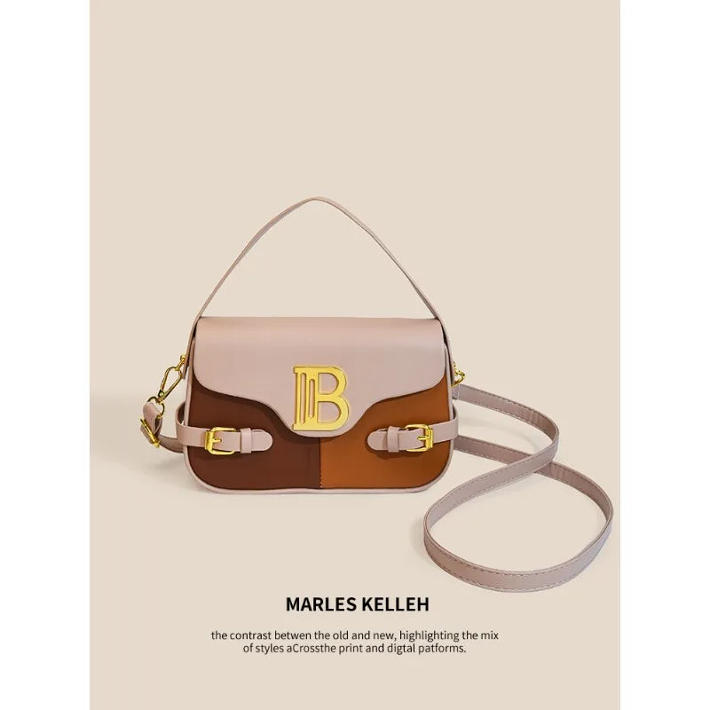 Luxury women's crossbody bag with color-blocking and stitching, box-style multi-color textured light luxury commuter bag.