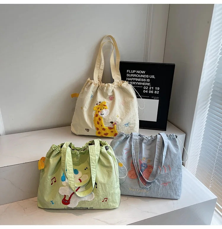 Leisure Large Capacity Single Shoulder Bag Trendy Embroidered Nylon Tote Bag School Style Sweet Handle Bag