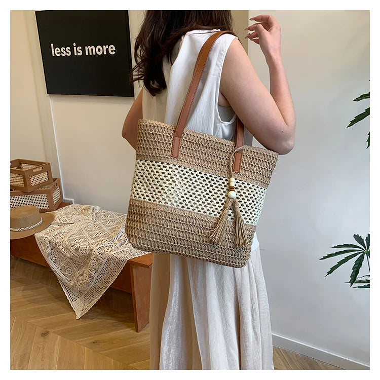 Color-blocked Linen Knitting Fashion Shoulder Bag Hollow Large Capacity Zipper Casual Tote Hot Sale Bags for Women Bolsa Mujer