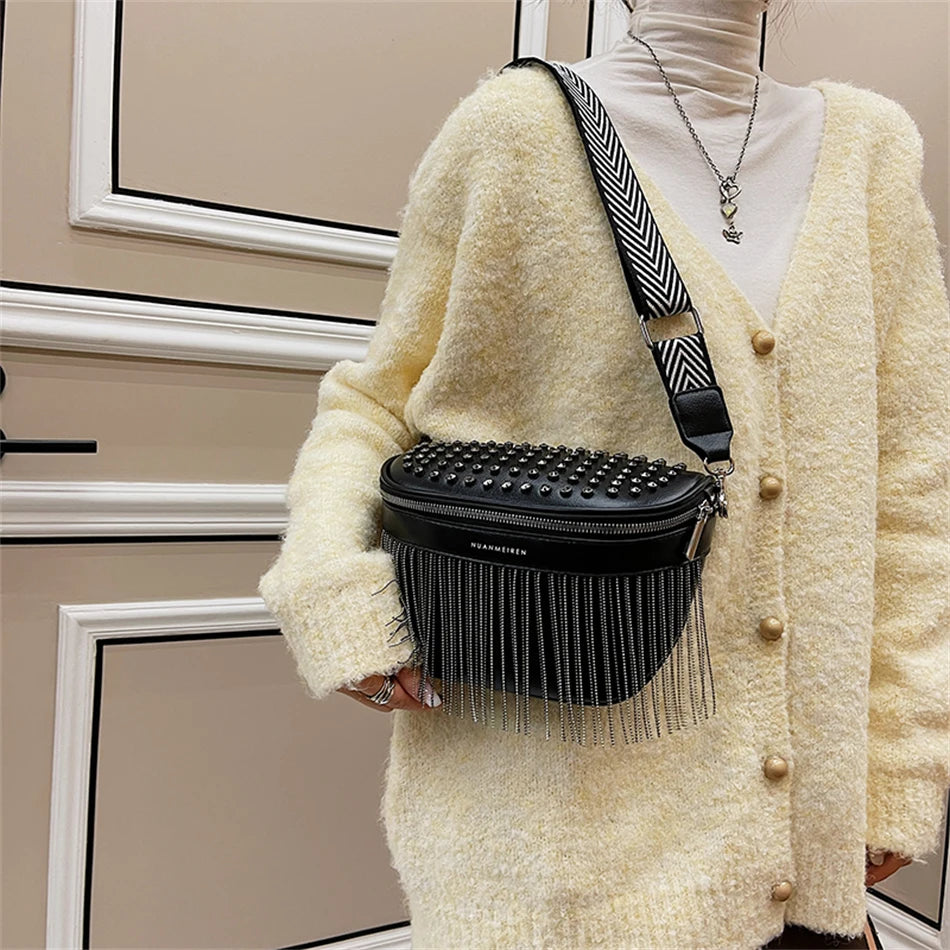 Luxury Woman Chest Bag Fashion Tassel Leather Large Capacity Crossbody Sling Bag Women Waist Bag Casual Rivet Design Travel Sac