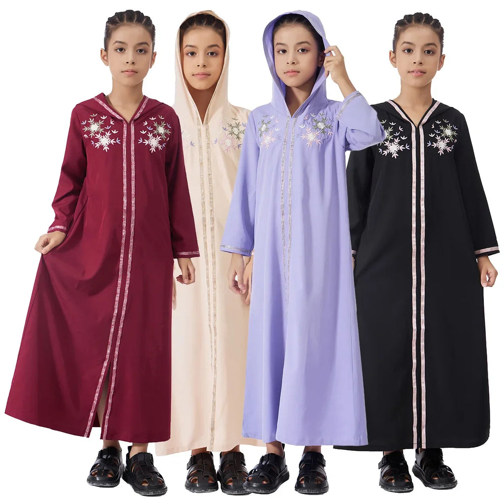 Muslim Girls Hooded Dress Eid Djellaba Ramadan Islam Clothing Turkey Kaftan Saudi Arab Robe Jalabiya Prayer Garment Caftan Gown