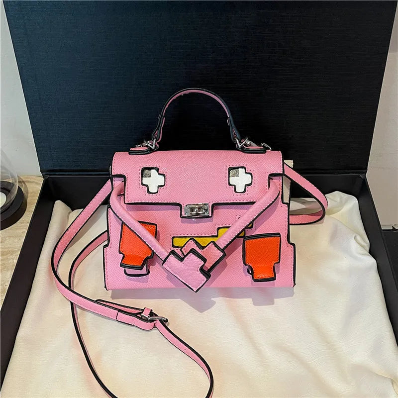 2025 Niche Kelly Bag Womens Mosaic Doll Robot Print Shoulder Crossbody Purse Unique Designer Handheld Tote Fashion Statement