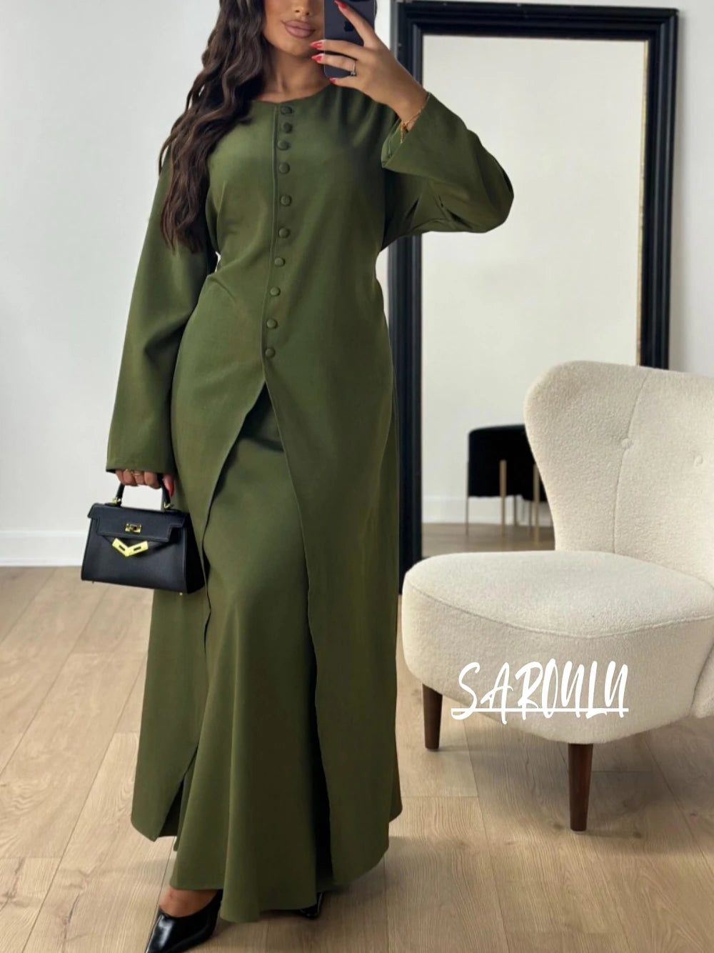 Muslim O Neck Kaftan Satin Evening Dress Simple 2-pieces Robe Modest Abaya Women Caftan New Arrival Formal Party Buttons Gown