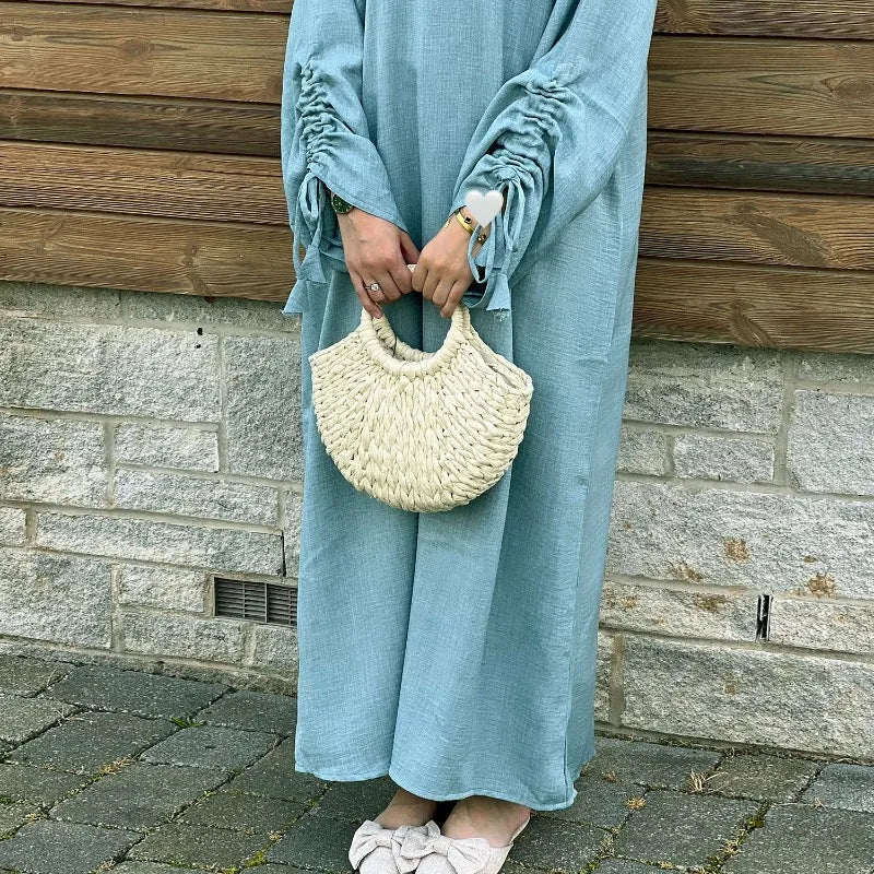 2024 Saudi Arabia Muslim Women Modest Dress Eid Dubai Plain Abaya Islamic Holiday Party Solid Turkey Lace-up Cuffs Long Clothes