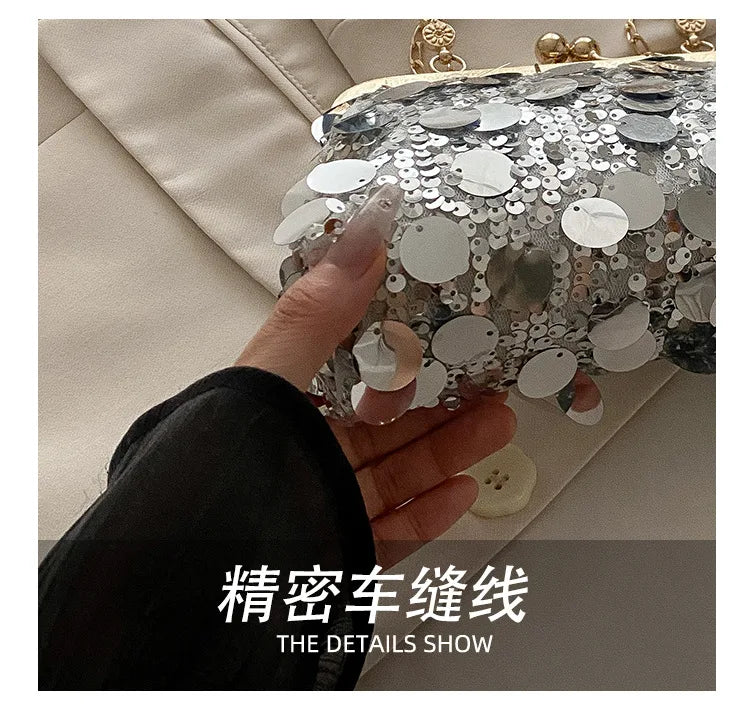 Elegant Sequined Evening Shoulder Bags for Women Solid Color Ladies Clip Chain Crossbody Bag Casual Female Shell Handbags Purse