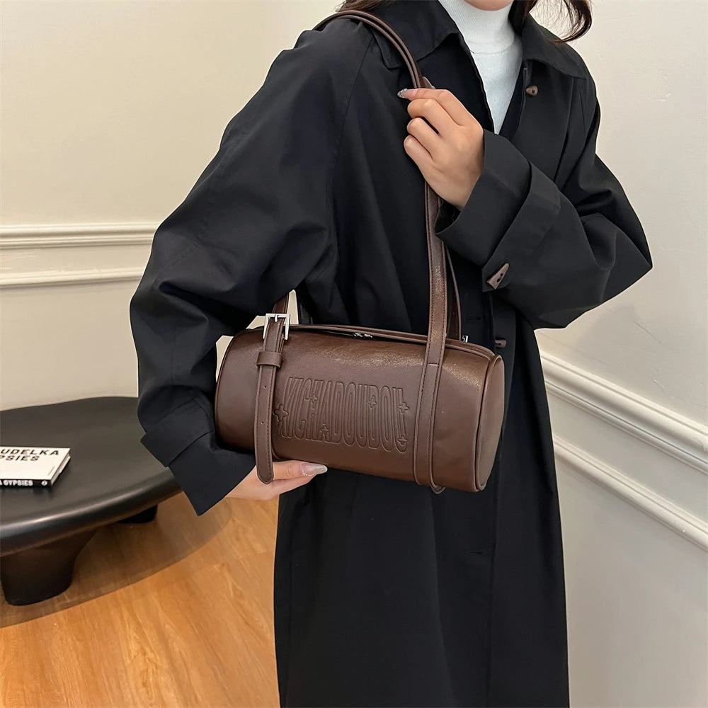 Multifunctional Cylinder Shaped Shoulder Bags For Women 2024 Winter Latest Designer Handbags Luxury Cross Body Bag With Pendant