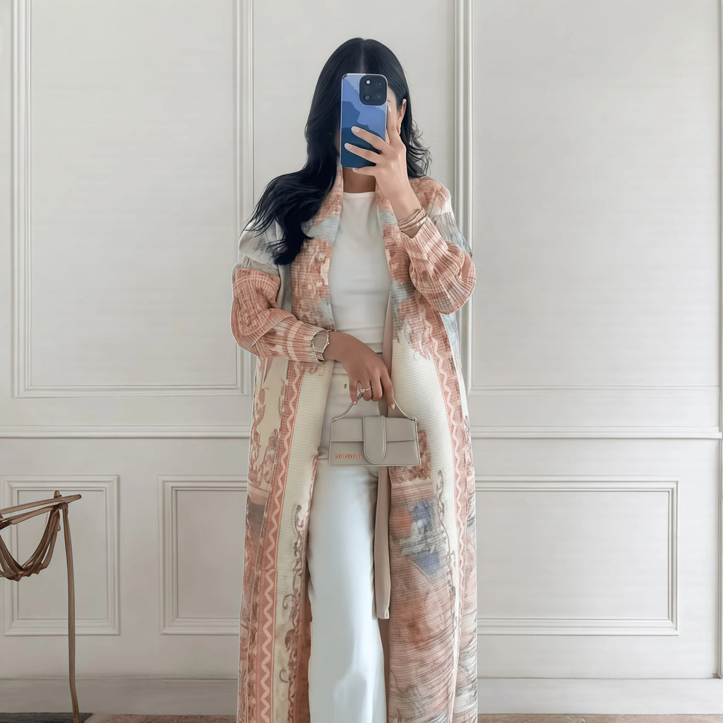 Autumn Women's Long Coat, Retro Printed Long Sleeved Muslim Abaya Saudi Fashion Wrinkled Waist Belt