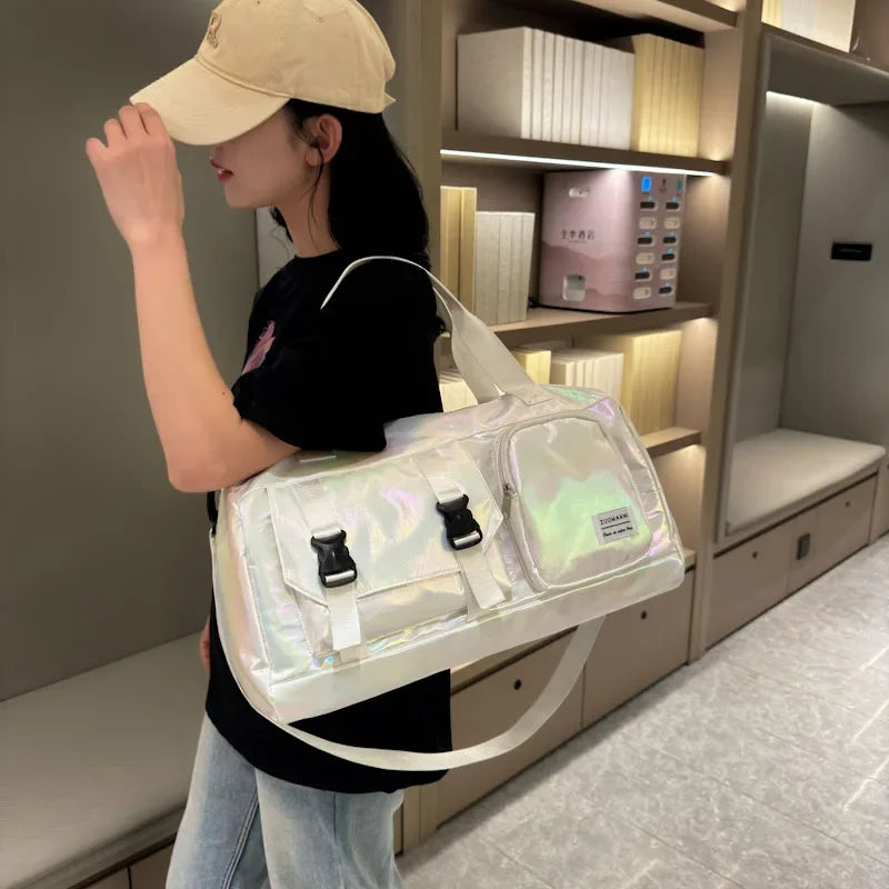 Holographic Glamour Duffel Bag - Spacious,Stylish Shoulder Tote with Shoe Compartment for Effortless Weekend Escapes -