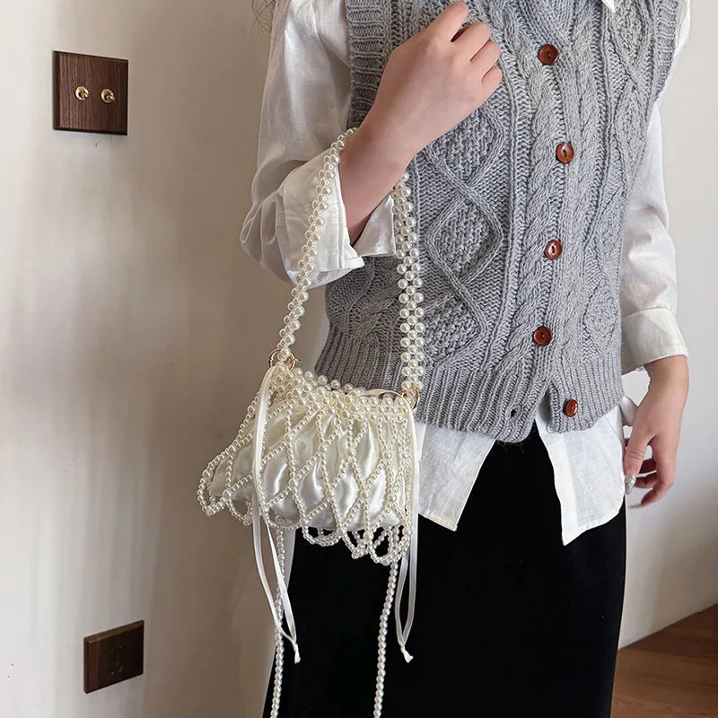 Sweet Girls Fashionable Handmade Pearl Beaded Bag French Style Hollow Out Evening Bag Elegant Single Shoulder Bag Sac A Main