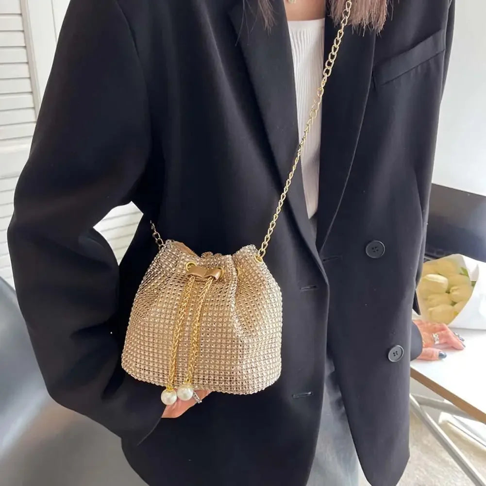 Fashion Evening Bag for Women Shiny Crossbody Bag Bling Rhinestone Bucket Shoulder Messenger Bags Ladies Glitter Handbag Purse